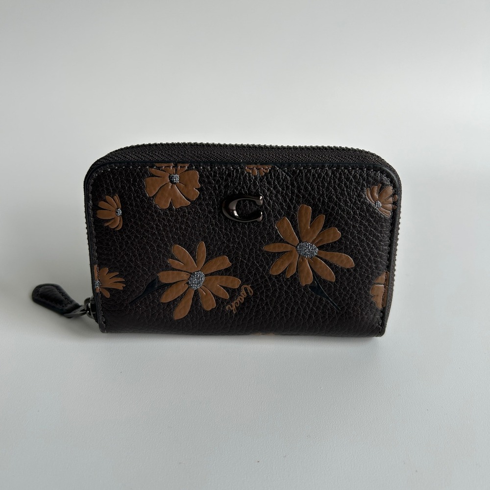 Coach Small Zip Around Wallet Black Floral Pebble Leather C0596